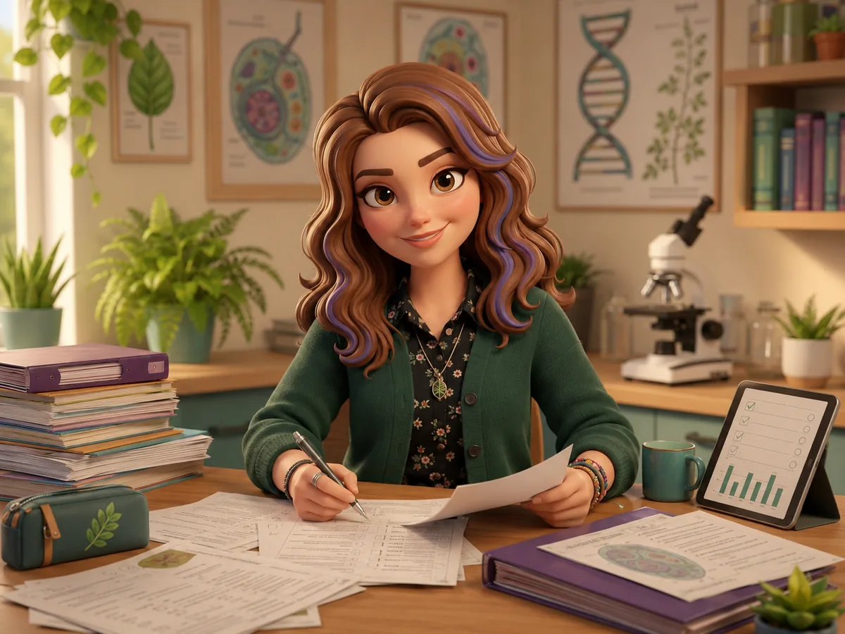 A biology tutor organising and marking exam papers