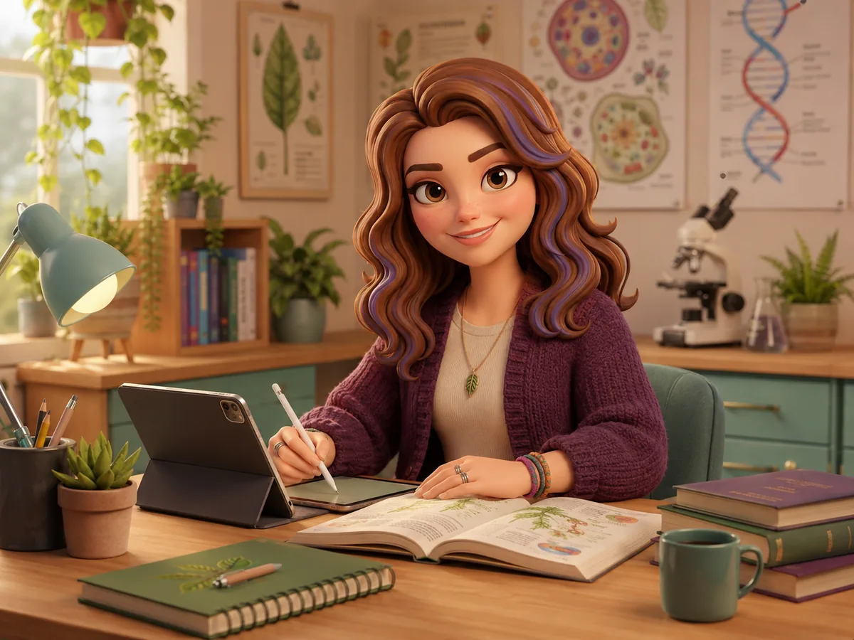 A biology tutor working at a desk with textbooks and a tablet